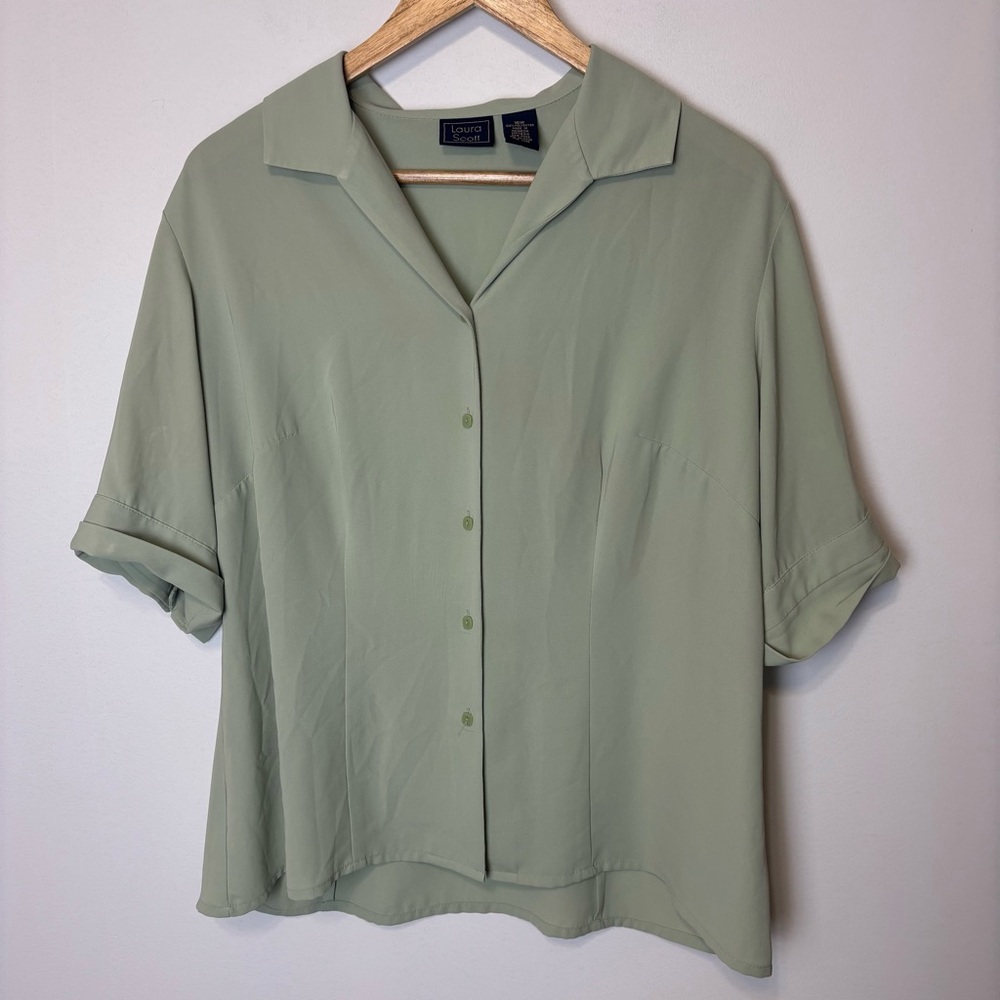 Laura Scott Sage Green Cottagecore Short Sleeve Blouse Large - Picture 1 of 4